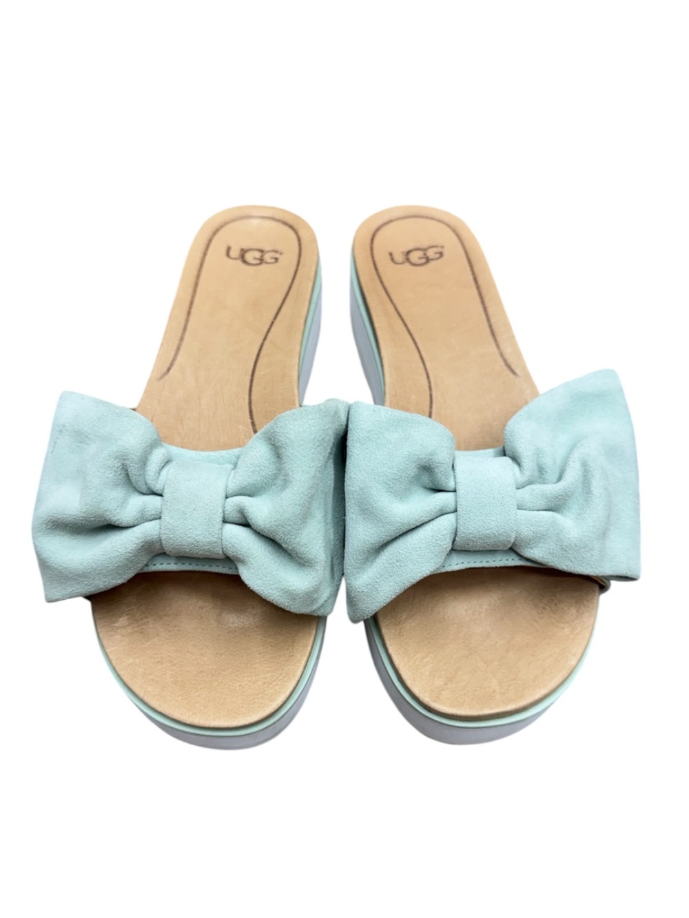 UGG Mint Green Suede Bow Platform Slide Sandals Size 9